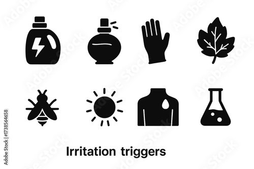 Irritation Triggers. Solid, filled icon set of irritation triggers: harsh detergent, perfume, latex, poison ivy, insect sting, heat, sweat, chemicals. Line