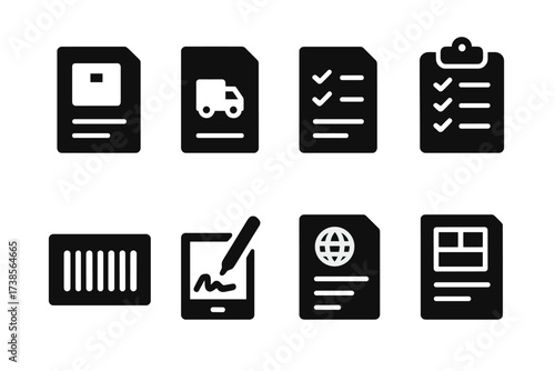 Shipping Icon Set. Solid, filled icon set of shipping documentation: invoice, shipping manifest, delivery note, checklist, clipboard, barcode label, signature
