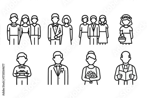 Outline Wedding Icons. Outline icon set of vows family and friends: bride with parents, groom with parents, wedding guests, flower girl, ring bearer, best man,