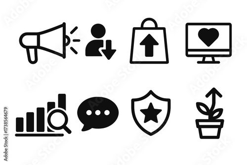 Advertising Goals Icons. Solid, filled icon set of advertising goals: brand awareness, lead generation, sales increase, customer engagement, market research,