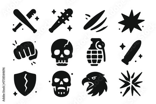Violence Icons Collection. Violence. Solid icons set of violence: broken bat, spiked club, knife slash, explosion flash, boxing punch, skull with cracks,