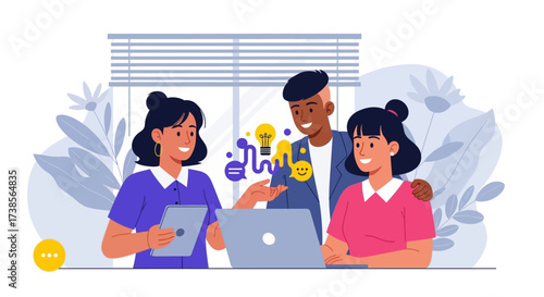 Diverse Team Collaborating on a Project Discussing Ideas and Innovation Using Technology in a Modern Office Environment