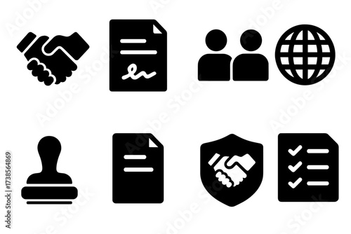 Partnership Icon Set. Solid, filled icon set of partnership agreement: handshake, contract, two people, globe, approval stamp, document, handshake inside