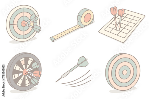 Dart Practice Essentials. Isometric vector illustration set Dart Practice Tools and Setup: dart grouping target overlay, throw