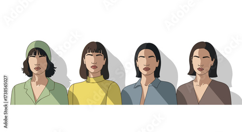 Four Stylized Female Portraits Arranged in a Horizontal Line with Shadows Cast Behind Them