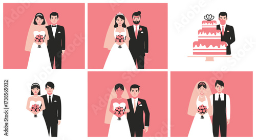 A Collection of Wedding Couple Illustrations Featuring Diverse Pairs and a Celebratory Cake