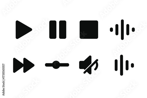 Media Player Icons. Solid, filled icon set of volume in media players: play button, pause button, stop button, rewind, fast forward, volume slider, mute
