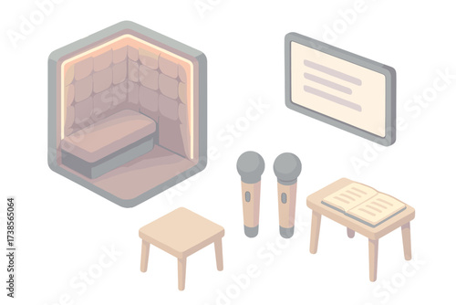 Karaoke Room Setup. Isometric vector illustration set Karaoke Room Setup: padded karaoke booth, lyrics screen mounted on wall, two
