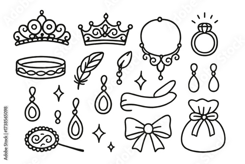 Ornate Jewelry Doodles. Hand-drawn doodle illustration ornate adornment tiara, crown, necklace, ring, bracelet, earrings, pendant, charm, feather, ribbon,