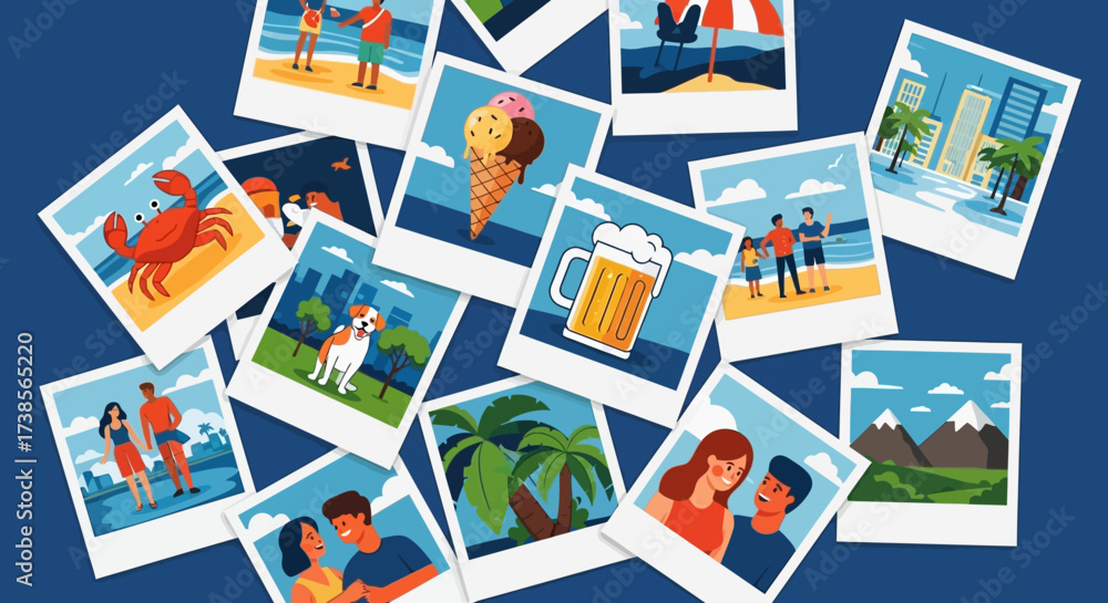 Fototapeta premium A Collection of Instant Photos Capturing Summer Vacation Memories Including Beach Scenes Delicious Ice Cream and Scenic Mountain Views