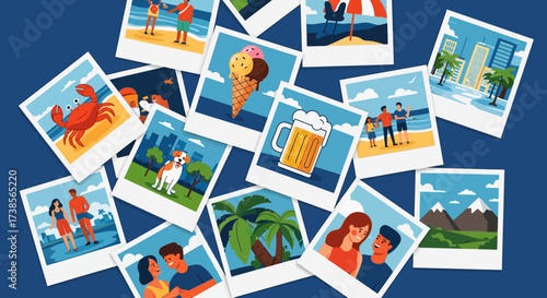 A Collection of Instant Photos Capturing Summer Vacation Memories Including Beach Scenes Delicious Ice Cream and Scenic Mountain Views