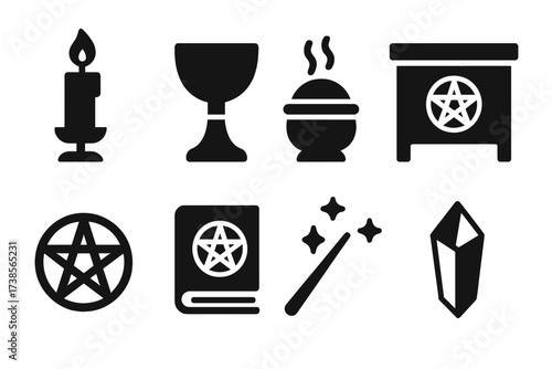 Ritual Icon Set. Solid, filled icon set of ritual: candle, chalice, incense, altar, pentagram, spellbook, wand, crystal. [Line icons in only black color. All