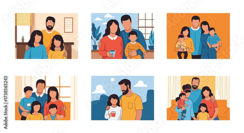 A Collection of Illustrated Happy Families Posing Together in Various Indoor and Outdoor Settings Featuring Diverse Generations and Styles