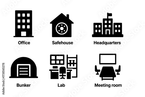 Agency Building Icons. Solid, filled icon set of agency buildings: office, safehouse, headquarters, bunker, control room, lab, garage, meeting room. [Line