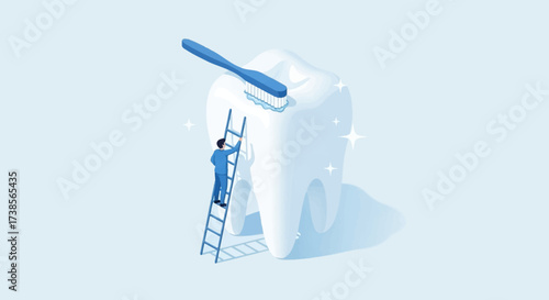 Tiny Person Meticulously Cleaning Enormous Tooth with Toothbrush and Ladder for Optimal Oral Hygiene and Dental Health Awareness