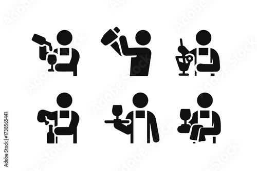 Bartender Icon Set. Solid, filled icon set of bartender actions: pouring drink, shaking cocktail, stirring glass, garnishing, opening bottle, measuring liquor,