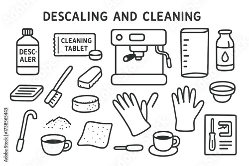 Coffee Machine Cleaning Doodle. Hand-drawn doodle illustration Descaling and cleaning coffee machine descaling solution, cleaning tablet, coffee machine, water