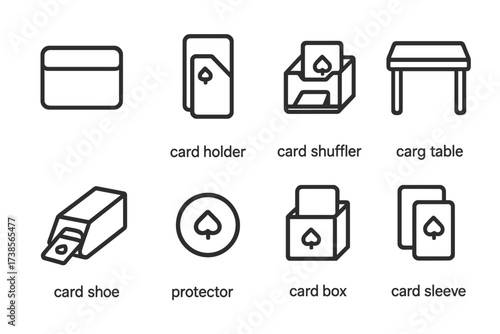 Card Accessories Icons. Outline icon set of card holders and accessories: card case, card holder, card shuffler, card table, card shoe, card protector, card
