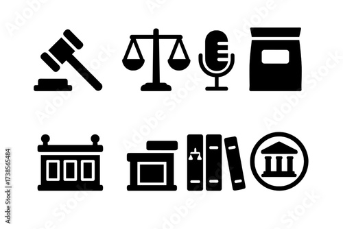 Courtroom Tools Icons. Solid, filled icon set of courtroom tools: gavel, scales of justice, microphone, evidence bag, judge?s bench, witness stand, legal