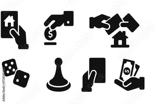 Monopoly Player Icon Set. Solid, filled icon set of monopoly player actions: buying property, paying rent, trading cards, building houses, rolling dice, moving
