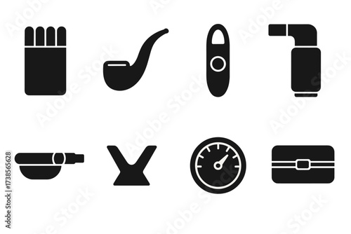 Cigar Accessory Icons. Solid, filled icon set of cigar accessories: cigar case, pipe, punch cutter, torch lighter, cigar holder, cigar rest, humidity gauge,