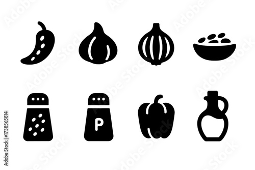 Spicy Seasoning Icons. Solid, filled icon set of fried bean seasonings: chili flakes, garlic, onion, cumin, salt, pepper, paprika, olive oil. [Line icons in