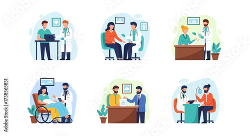 Illustrations depicting various medical consultations and patient care scenarios with healthcare professionals and patients interacting in different settings