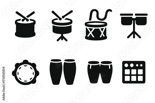 Musical Genres Icons. Solid, filled icon set of tom-tom music genres: rock, jazz, marching band, orchestral, pop, funk, metal, electronic. Solid, filled icons