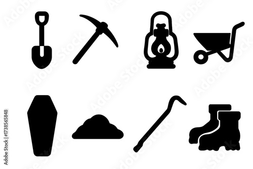 Grave Digger Icons. Solid, filled icon set of grave digger tools: shovel, pickaxe, lantern, wheelbarrow, coffin lid, dirt mound, crowbar, work boots. Solid,