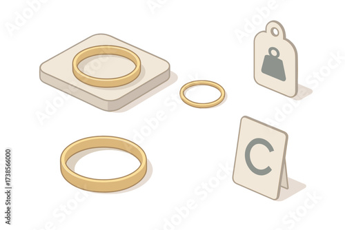 Minimalist Bracelet Display. Isometric vector illustration set Minimalist Gold Bracelet Collection: single bangle on tray, thin