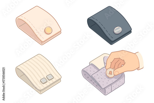Shirt Cufflink Pairings. Isometric vector illustration set Shirt and Cufflink Pairings: pastel shirt fabric with gold cufflinks,