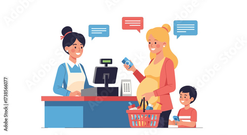 Pregnant shopper and child at grocery store checkout counter with cashier assisting them with purchase