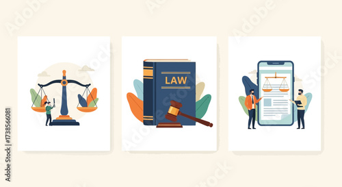 Illustrations depicting legal concepts scales of justice law book and gavel and digital law application on a mobile device symbolizing justice and legal services
