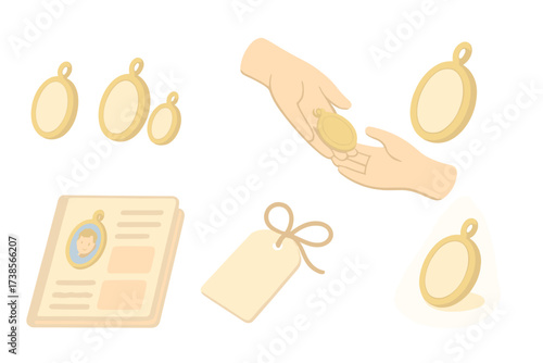 Heirloom Locket Collection. Isometric vector illustration set Heirloom Locket and Family Keepsake: generations of lockets shown