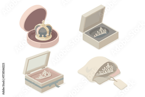 Crown Storage Icon Set. Isometric vector illustration set Tiara and Crown Storage: velvet-lined crown box, protective foam insert