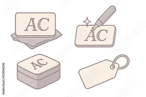 Engraved Initial Gift Set. Isometric vector illustration set Engraving Initials Personalized Gift: metal plate with elegant