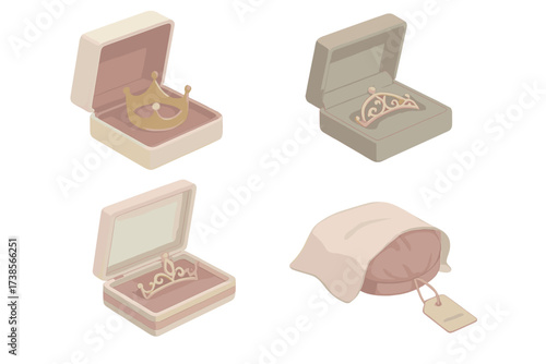 Crown Storage Icon Set. Isometric vector illustration set Tiara and Crown Storage: velvet-lined crown box, protective foam insert