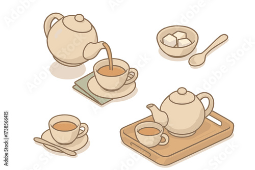Tea Ritual Scene. Isometric vector illustration set Sapphire Jewelry Settings: sapphire ring with side diamonds, pendant necklace