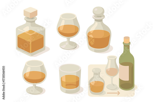 Liquor Glass Pairings. Isometric vector illustration set Sapphire Inspired Fashion Accessories: scarf with sapphire pattern, purse