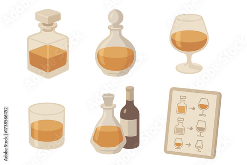 Set of six images of liquor bottles and glasses, including a wine glass