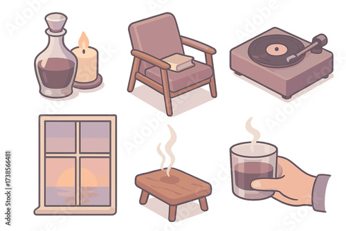 Evening Pour Relaxation. Isometric vector illustration set Cocktail Ice and Chilling Tools: cube tray with popped out ice, crushed