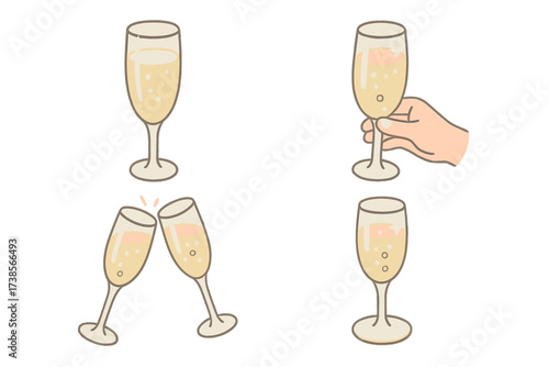 Champagne Toast Icons. Isometric vector illustration set Evening Pour and Relaxation Mood: decanter beside glowing candle, chair