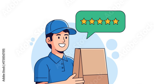 Satisfied Delivery Person Holding a Package with Excellent Customer Feedback Displayed as Stars in a Speech Bubble