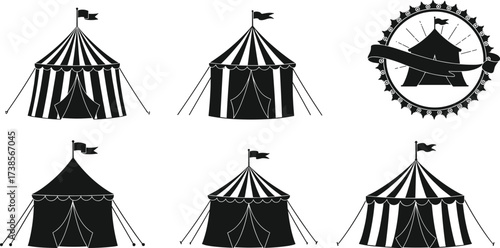 Circus tent vector silhouettes, carnival pavilion icons, striped marquee tents with flags, vintage fairground festival illustration design set