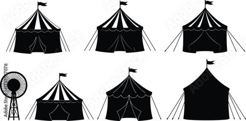 Circus tent vector set, carnival pavilion icons, ferris wheel silhouette, striped marquee illustrations, festival fairground celebration design elements