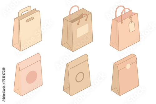 Set of six brown paper bags with different designs