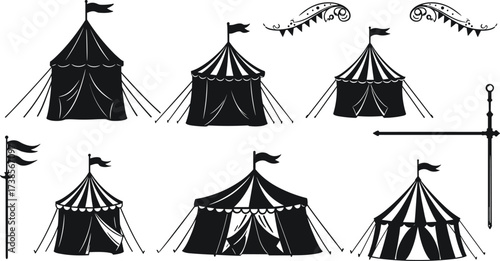 Circus tent silhouettes, carnival marquee icons, striped fairground tents with flags, decorative banners, festival pavilion vector illustration set