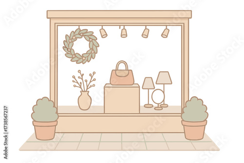 Boutique Window Display. Isometric vector illustration set Boutique Window Styling: window with delicate decor pieces, central