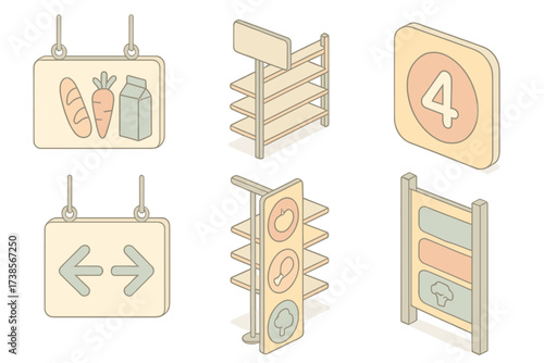 Pastel Aisle Signage. Isometric vector illustration set Grocery Aisle Signage: hanging aisle sign with category label, signpost