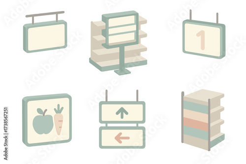 Pastel Aisle Signage. Isometric vector illustration set Grocery Aisle Signage: hanging aisle sign with category label, signpost